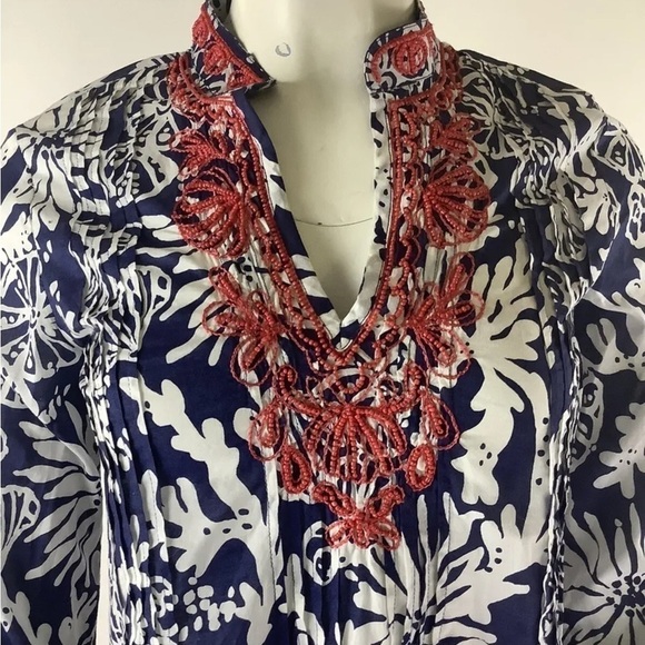 Lilly Pulitzer Sz XS Sarasota Beaded Tunic Top Blue White 100% Cotton Pullon - Picture 2 of 8